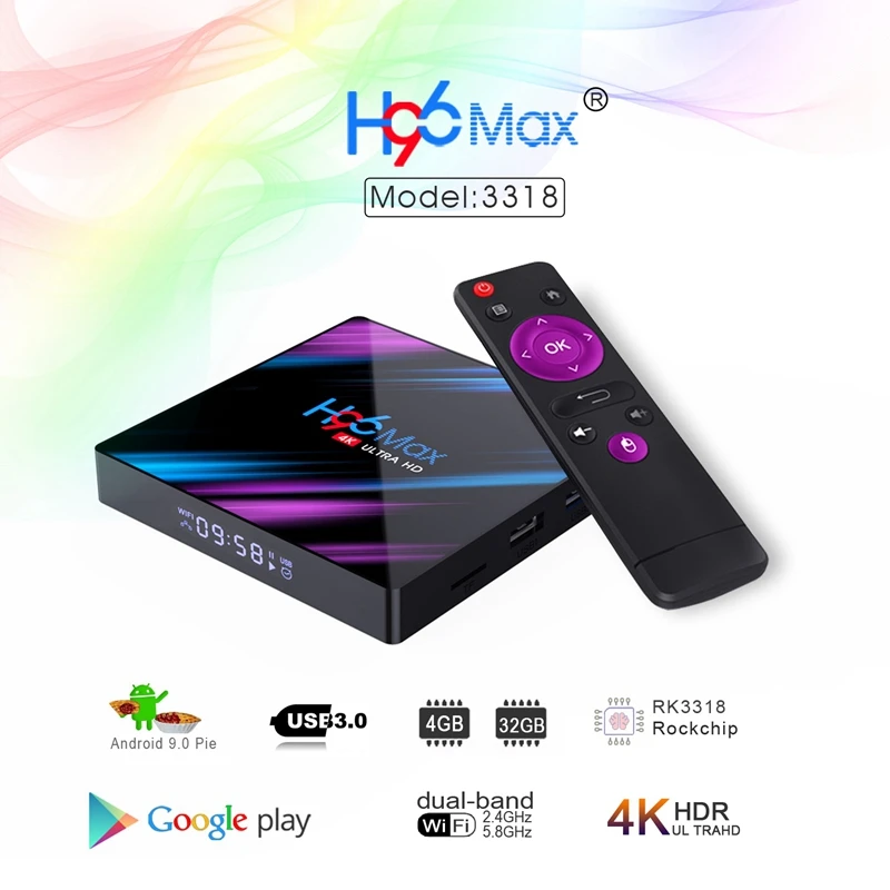 H96 Max Android Tv Box 9,0 Rockchip Rk3318 4K Smart Tv Box 2,4G/5G Wifi Bluetooth 4,0 Iptv Android Box(Uk Plug