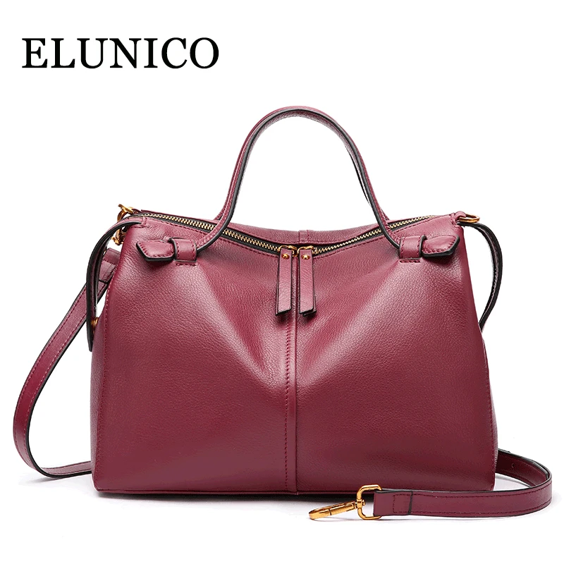 

ELUNICO Brand Women's Leather Handbag Boston Genuine Leather Tote Bag Luxury Handbags Women Bags Designer Messenger Shoulder Bag