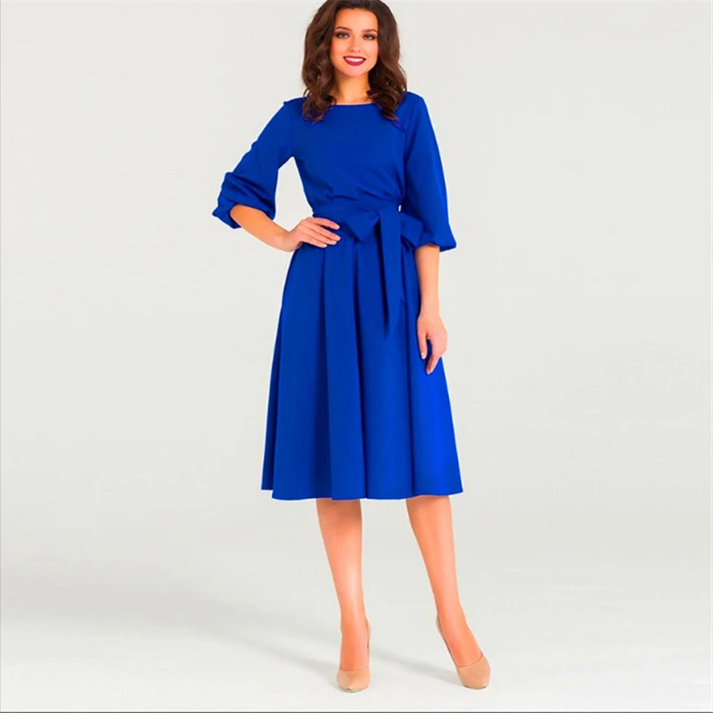 

Solid Lacing Lantern Sleeves Knee-Lengh Dress Spring Women Casual 3/4 Sleeve O-Neck Elasticity Dresses Summer Elegant Loose Hem