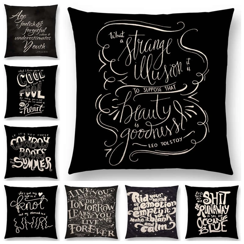 Offre Speciale Lettres Decoratives Noir Blanc Noir Blanc Mots Sens Dicter Des Petits Mots D Amour Interessant Phrases Courtes Couverture De Coussin Aliexpress