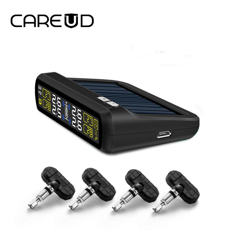 CAREUD солнечная энергия и USB зарядка автомобиля TPMS беспроводная система контроля давления в шинах с 4 внутренними датчиками ЖК-дисплей