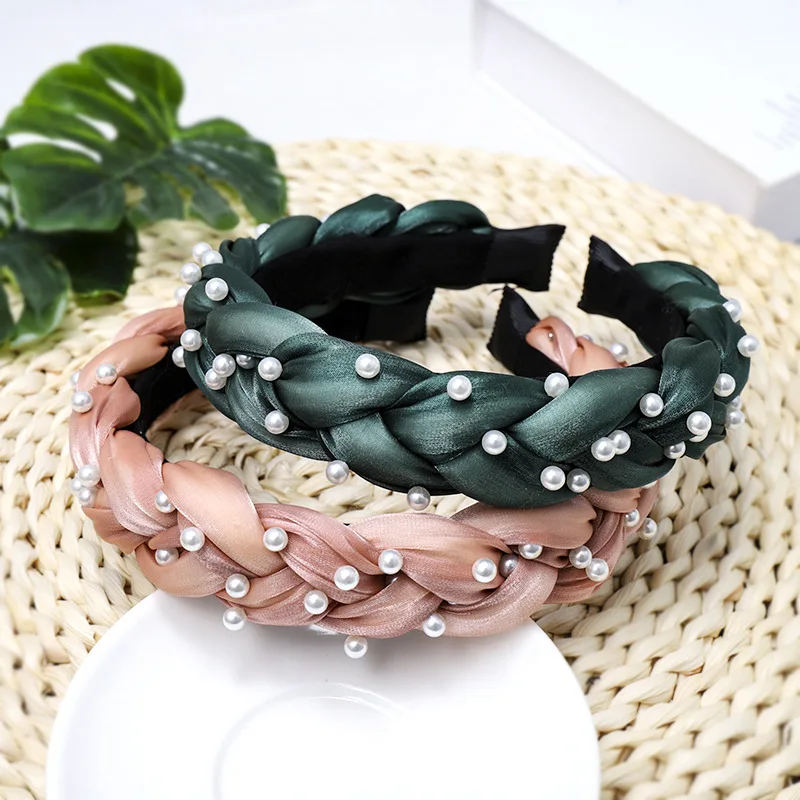

2019 Winter Autumn Women New Fashion Vintage Pearl Satin Hair Ribbon Knitted Braided Headband Hairband Hair Accessories