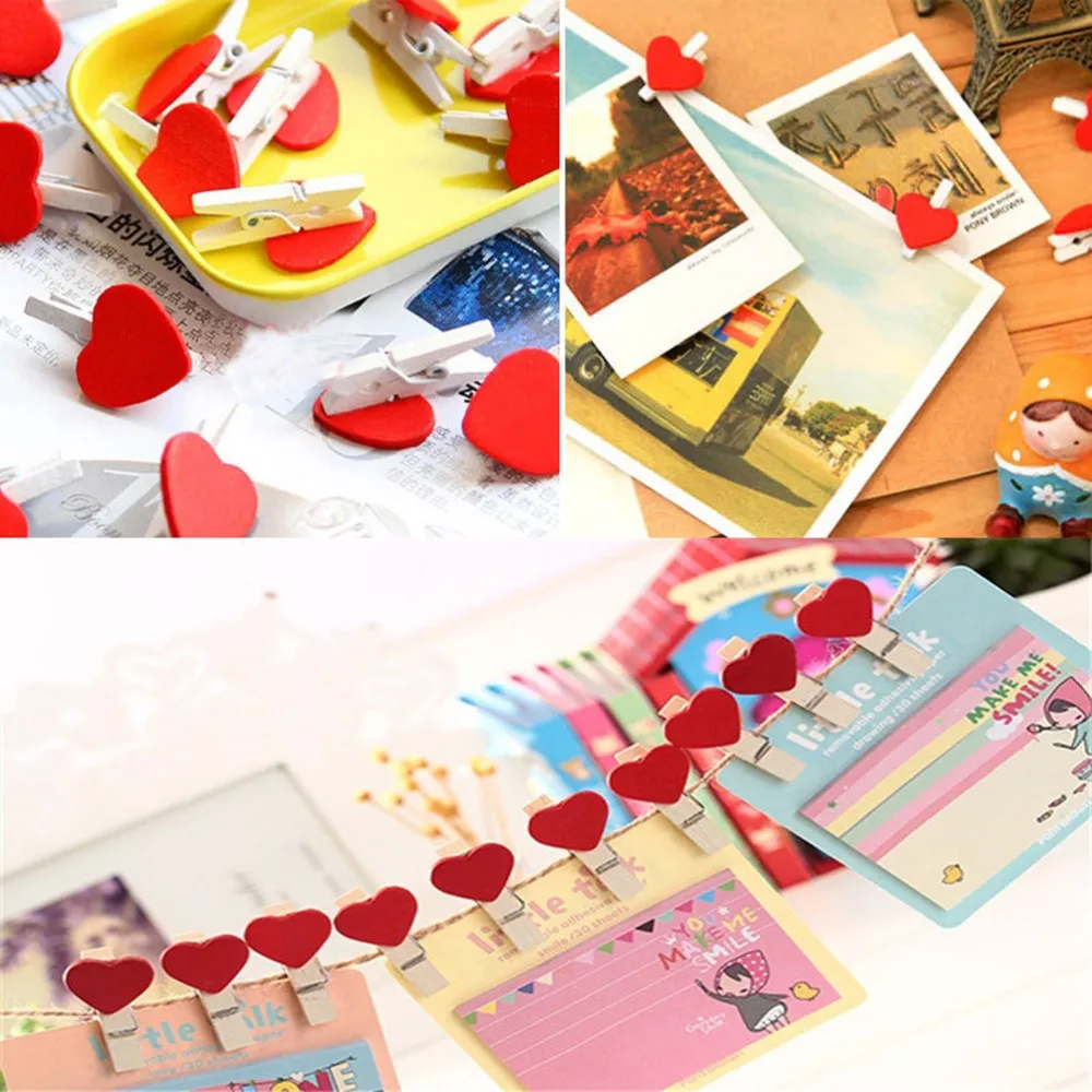 20Pcs/Pack Lovely Kawaii Heart Love Wooden Clothes Photo Paper Peg Pin Clothespin Craft Postcard Clips Home Wedding Decoration|Бельевые