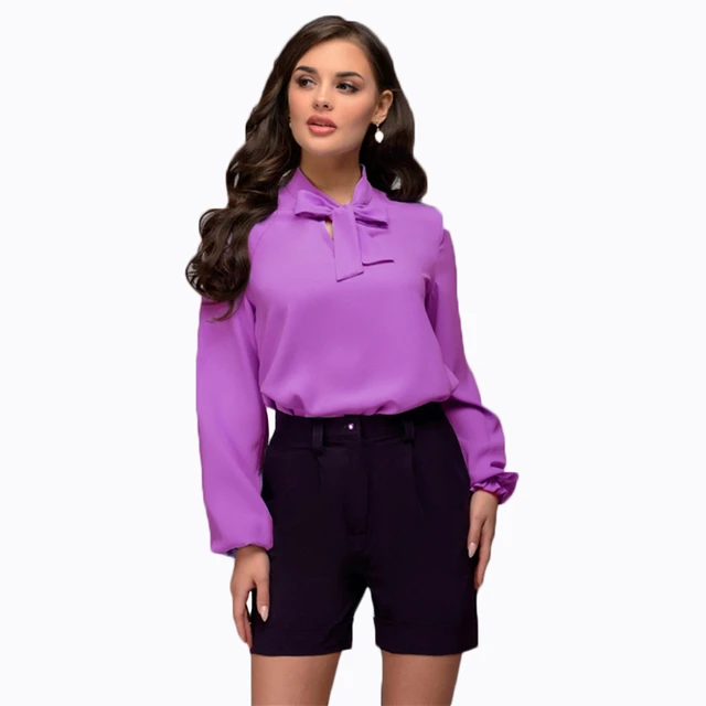 más nuevo de 2018, blusas casuales de mujer con lazo elegante y morado, blusa