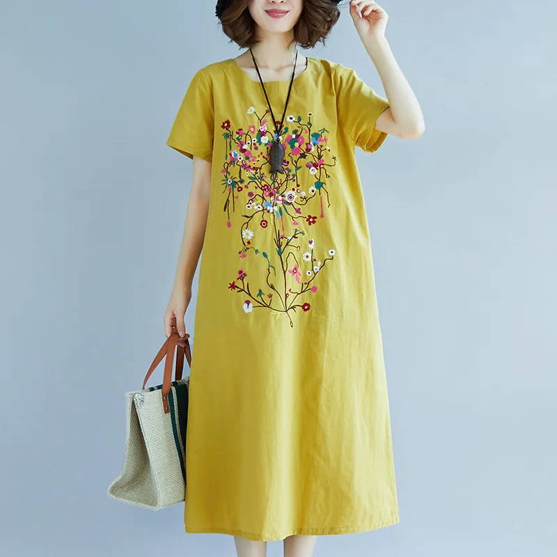 

Women Summer Embroidery Flower Dress 2019 Cotton and Linen Loose Casual Vintage Dress A-line Elegant Dresses Slim Feminino LP127