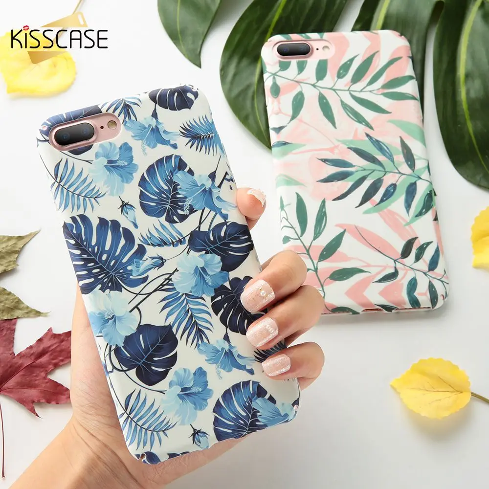 KISSCASE الفني ورقة حقيبة لهاتف أي فون 7 8 زائد زهرة نمط الصلب PC حقيبة لهاتف أي فون X XS ماكس XR 6 s 6 7 زائد الهاتف اكسسوارات