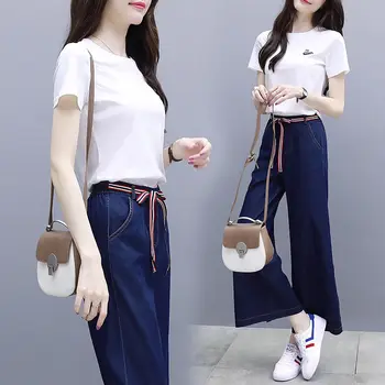 

Two-piece pants short-sleeved shirt denim high-waist wide-leg pants casual fashion suit women's new women's summer dress WF37