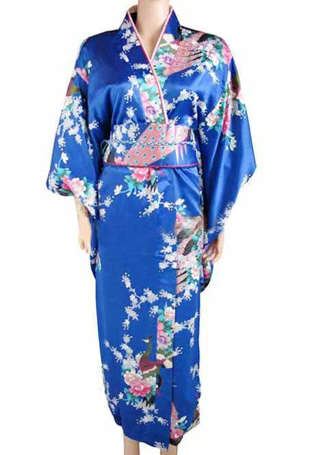 Синее Новое винтажное японское женское шелковое атласное кимоно ropa Mujeres japonesas Yukata платье Peafowl Один размер H0040 - Цвет: Синий