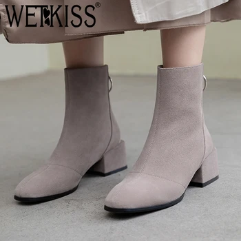 

WETKISS Cow Suede Ankle Boots Women High Hels Thick Booties Square Toe Shoes Female Fashion Zip Shoes Ladies Winter 2019 New