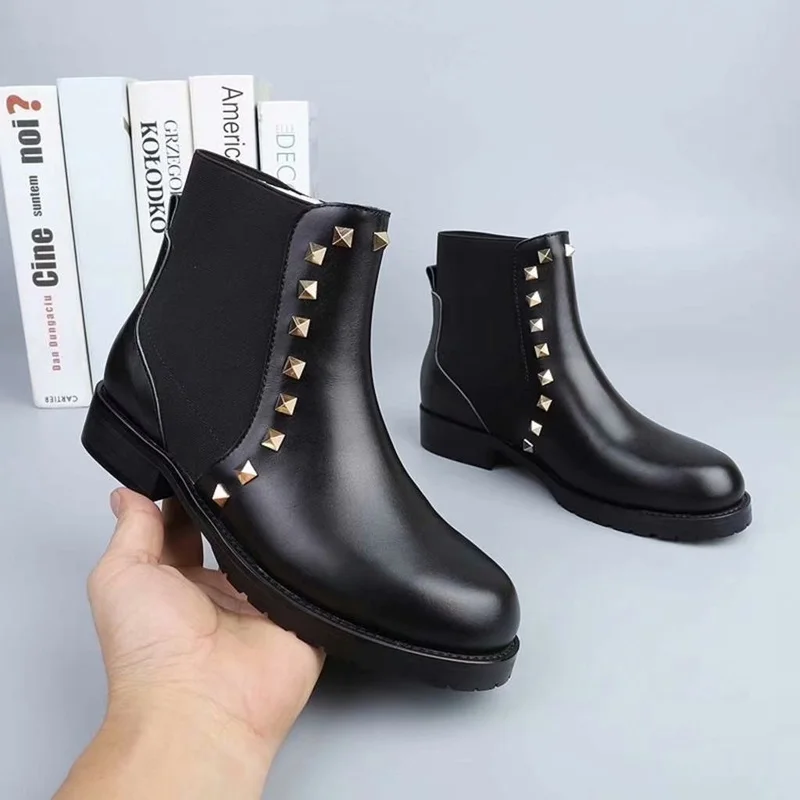 40 Picture Rivet Marque Cuir Véritable Chelsea Femmes Peep En Mode Cheville Pour As Bottes De Luxe Toe Talons Plats Taille 35 35q4ARjL