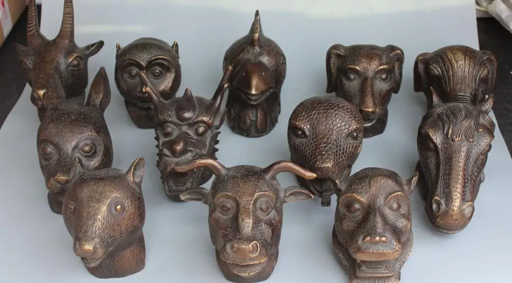 Marked Chinese Bronze 12 Animal Dragon Horse Sheep Bull Chicken Head Full Set | Дом и сад