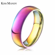 KISS MANDY Stainless Steel Rainbow Design Ring Colorful Round Rings for Woman Men 6MM Width Fashion