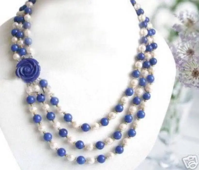 

FREE SHIPPINGWonderful! 7-8MM White Akoya Pearl & Lapis lazuli Beads Necklace Flower Clasp