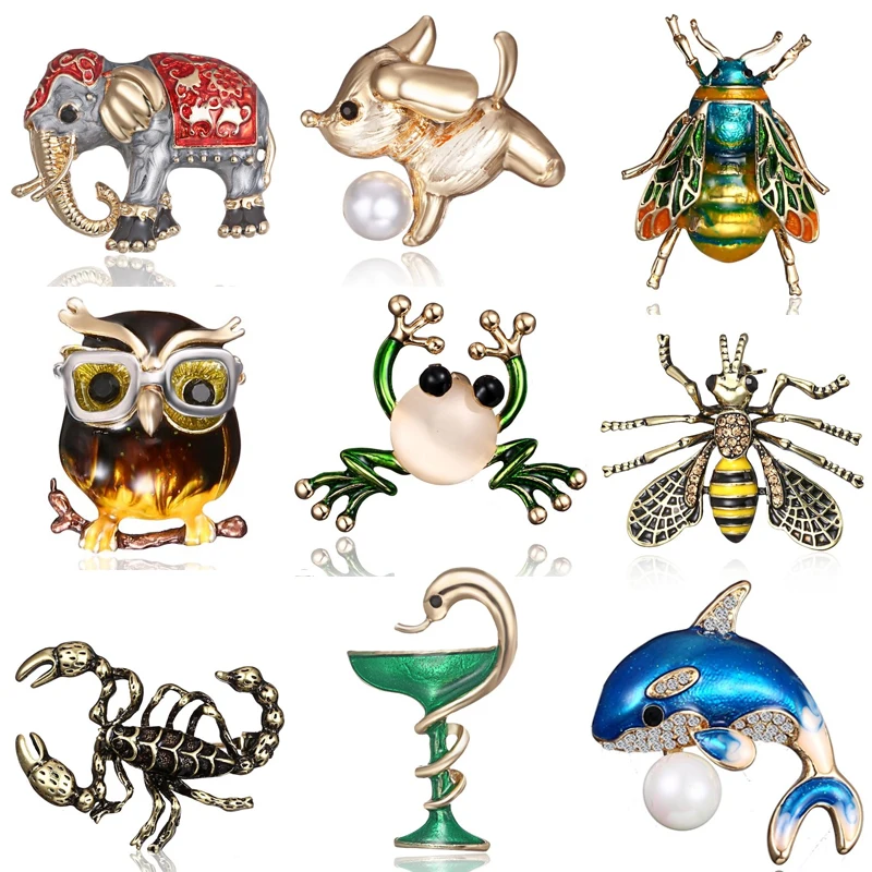 

Fashion Lovely Handmade Animal Elephant Frog Dog Owl Honeybee Crystal Rhinestone Pearl Costume Brooch Pin for Women Jewelry Gift