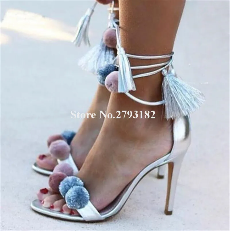 

New Design Women Fashion Open Toe Puffer Ball Lace-up Stiletto Heel Sandals Silver White Red Thin High Heel Sandals Dress Shoes