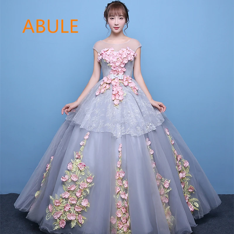 

ABULE Quinceanera Dresses sheer lace up flowers ball gown prom dress appliques Gown 15 Years Layer Tulle vintage Custom sizes