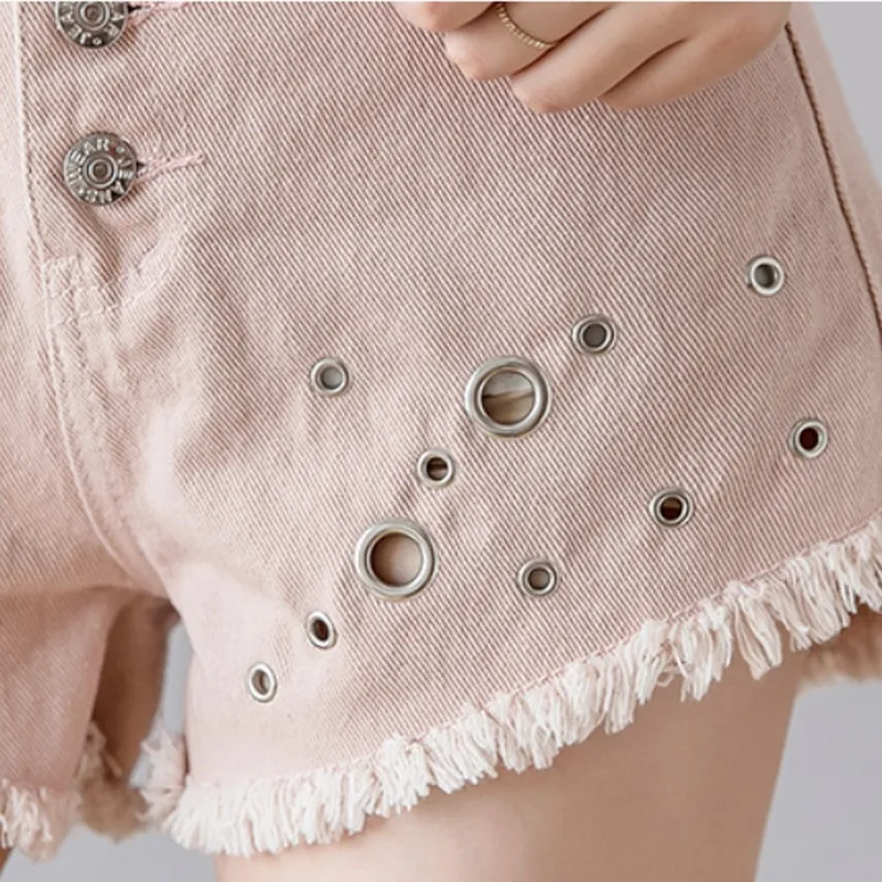 New Korean Style Plus Size Summer Tassel Women Denim Shorts Female Students Metal Ring Decoration High Waist Hole Short Pants New Korean Style Plus Size Summer Tassel Women Denim Shorts Female Students Metal Ring Decoration High Waist Hole Short Pants