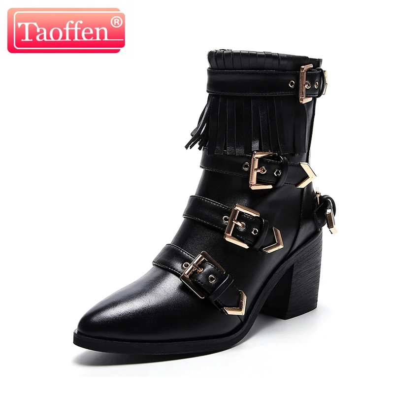 mid calf high heel leather boots