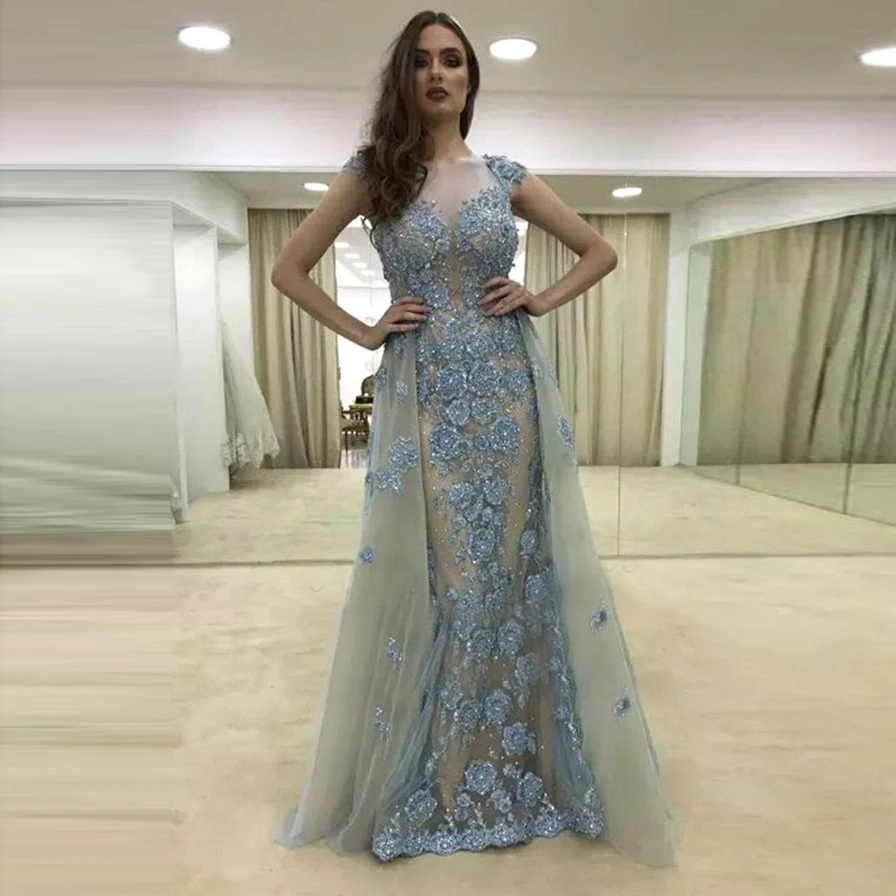 

robe de soiree 2018 Evening Dress Long Mermaid with Train Glitter Beaded Crystal Lace 3d Flowers Women Formal Prom Evening Gown