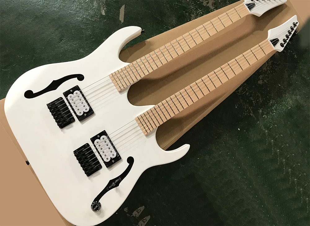 

Factory wholesale white 6+6 strings double neck electric guitar with 2 f holes,Maple fretboard without inlay,Black hardwares