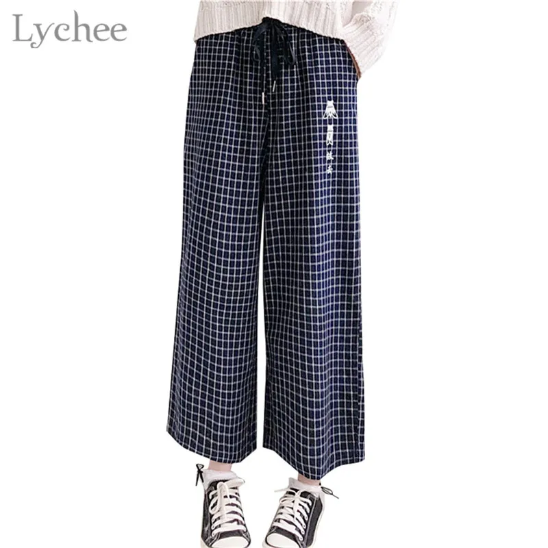 Lychee Japanese Plaid Letter Embroidery Women Pants Pocket