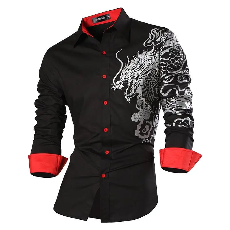 

Sportrendy Men's Shirt Dress Casual Long Sleeve Slim Fit Fashion Dragon Stylish JZS041 Black