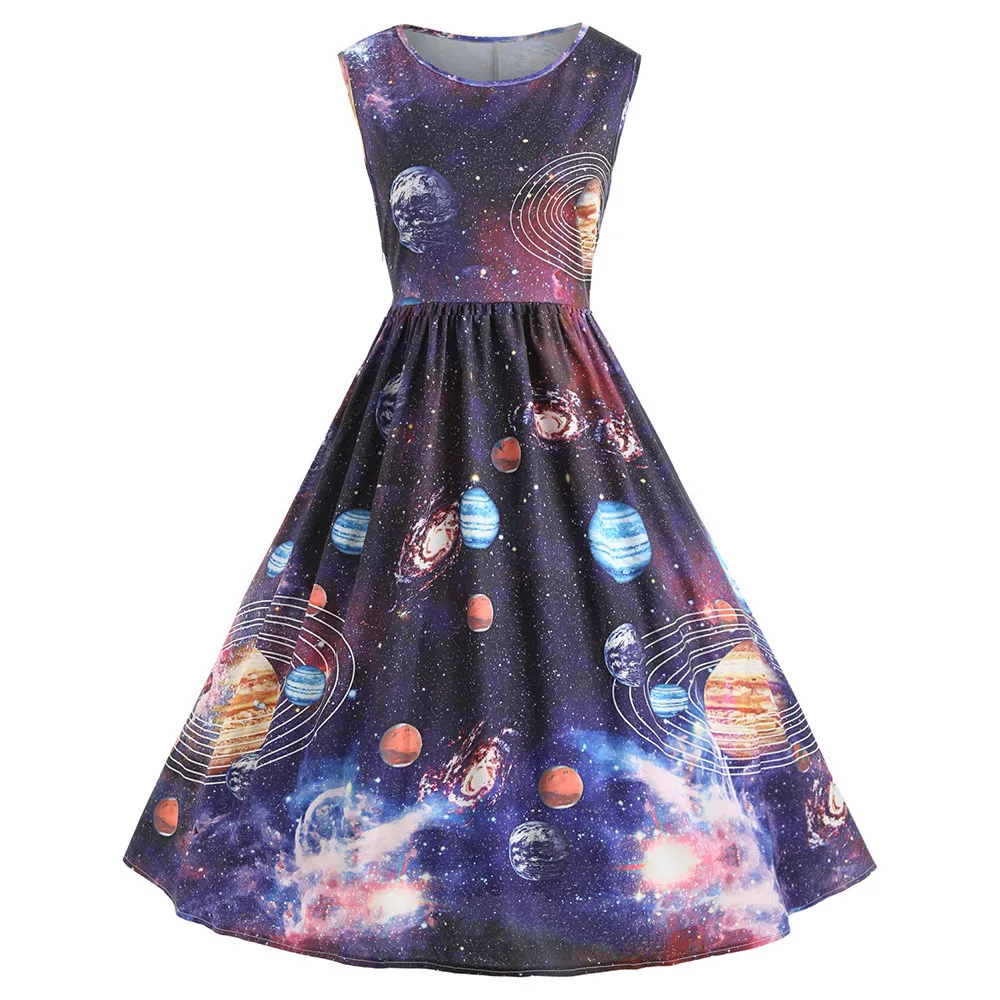 

Women Vintage Printing Starry Sky Planet Space Dress erotic plus size summer flamingo 888