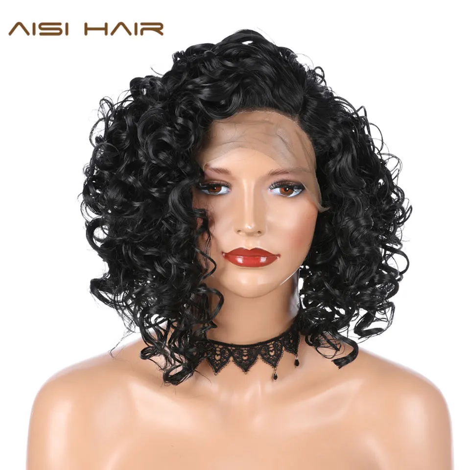 

AISI HAIR 12 Inches Short Curly Synthetic Lace Front Wigs For Woman Natural Black Color Heat Resistant Fiber