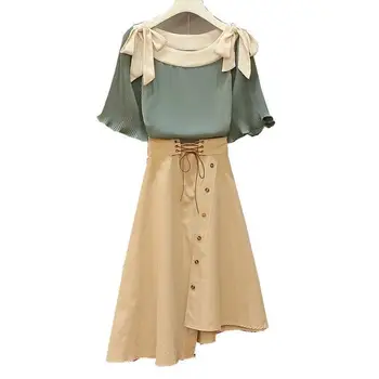 

2019 Summer Women Bow Slash Neck Pleated Sleeve Chiffon Shirt+Irregular Hem Solid Skirt Suit Female Plus Size Asymmetry Set Z349