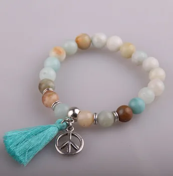 

Fashion Women Dress Armband 8mm Amazonite Stone stone with tassel & Peace charm Natural Stones Bracelet