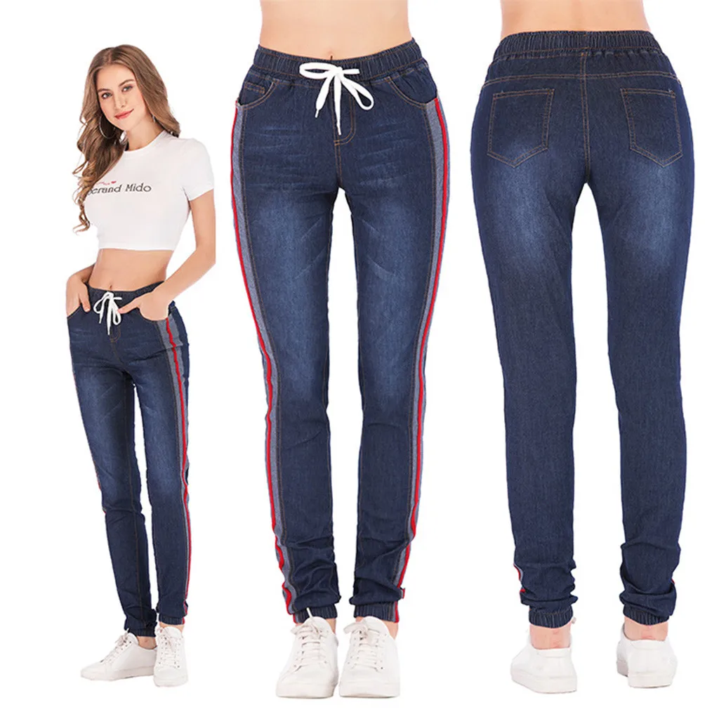 Womail осень зима женские джинсы из денима стрейч большой размер осень стрейч плюс свободные джинсовые повседневные джинсы на шнурке девять очков