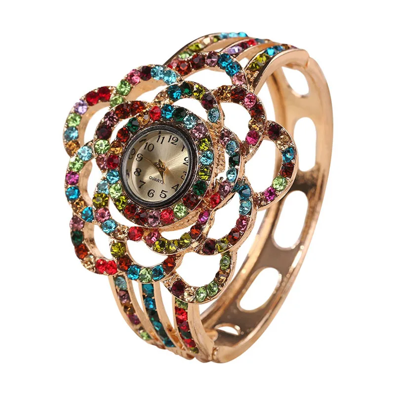 NEW Fashion Womens Flower Band Hollow Out Bangle Crystal Quartz Bracelet Watch Jewelry Charm #2AP25 (2)