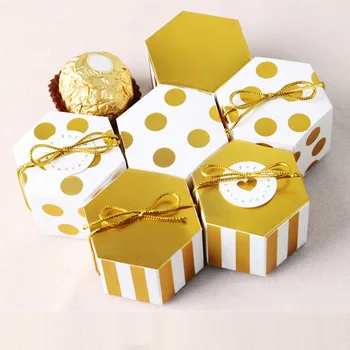 

100pcs Mini Stripe/Spot Dots Golden Bronzing Color Wedding Valentine's Day Chocolate Box Hexagon Candy Box Baking Package