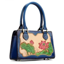 Ручная работа винтажная натуральная кожа Выгравированная Лотос дизайнерская женская сумка с верхней ручкой кожаная резная женская сумка с цветочным рисунком