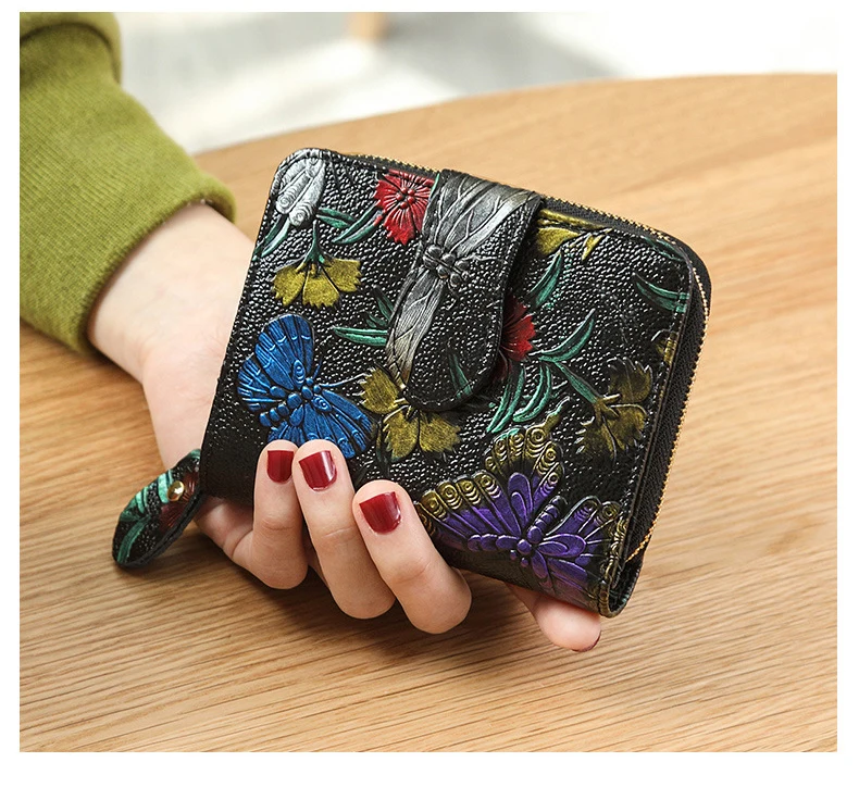 Цветной короткий кошелек с масляными рисунками цветов, Женский кошелек из натуральной кожи, Женский держатель для карт, кошелек, женская сумка для монет, дамская сумка