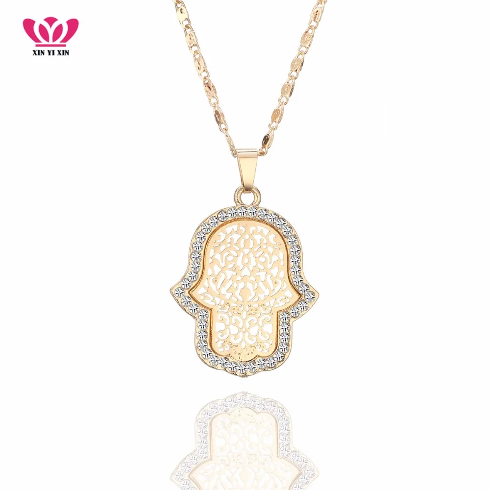 

2018 New Turkish Crystal Evil Eye Hand Hamsa Pendant Necklace Sets Women Gold Jewelry Hollow Out Clavicle Link Chains