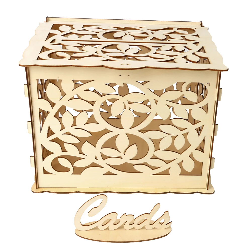 

Wooden Wedding Storage Box DIY Wedding Supplies Leaves Card Box For Wedding Party (1 Key + 12 Rubber Rings, Large Size)