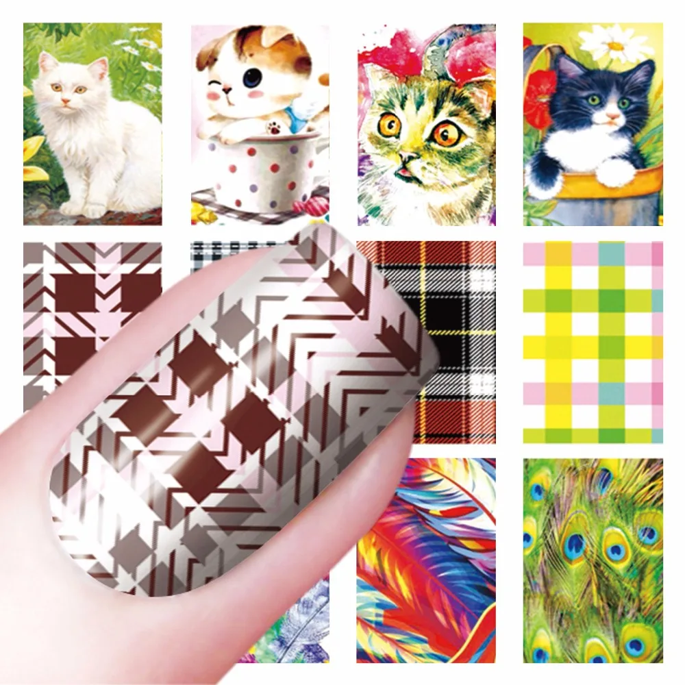 

WUF 1 Sheet Optional Cat Feacher Lattice Pattern Nail Sticker Water Decals Nail Art Water Transfer Stickers For Nails