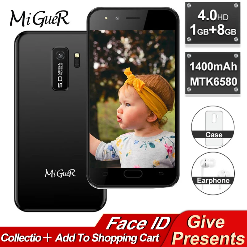 

MiGueR MAX 8 Mobile Phone 1GB RAM 8GB ROM 4.0 Inch Android 6.0 Face Unlock Quad Core 1400mAh 3G WCDMA Dual Card Smartphone