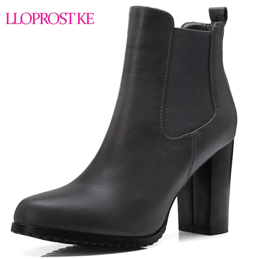 

Lloprost ke Elastic boots women round toe Slip On suede leather high heels shoes woman square heel ankle boots big size D68