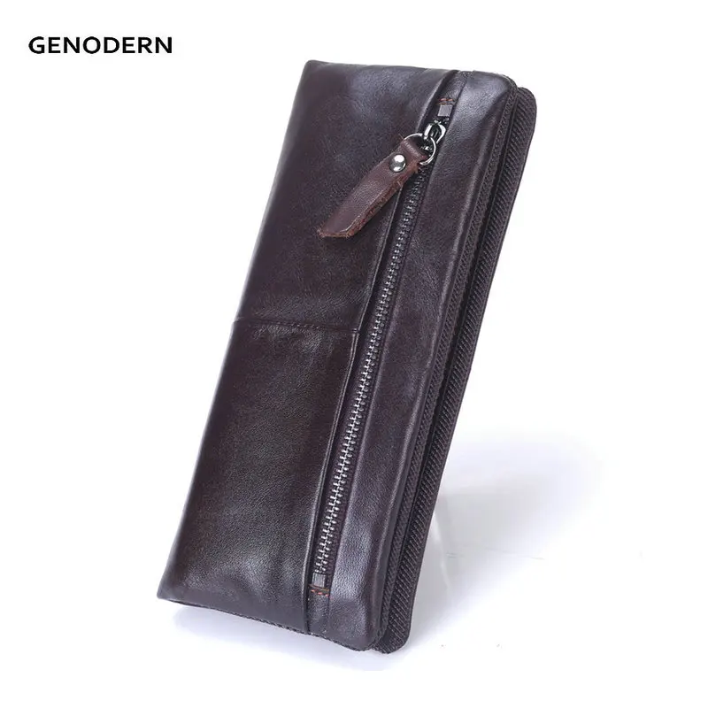 

GENODERN 2019 Cowhide Men's Wallet with Zipper Pocket Genuine Leather Male Purses Long Wallets Black Brown Men's Clutch Wallet