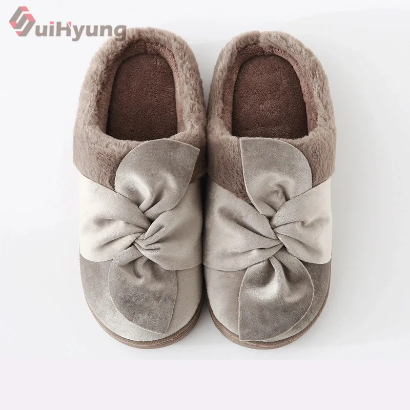 

Suihyung 2018 New Winter Warm Women's Indoor Shoes House Bedroom Floor Slip On Flats Non-slip Home Slippers Flock Bow Flip Flops