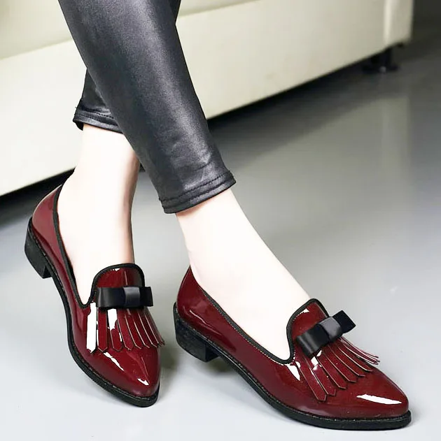 wine red patent leather women pointed toe flat shoes bow knot decorate ...