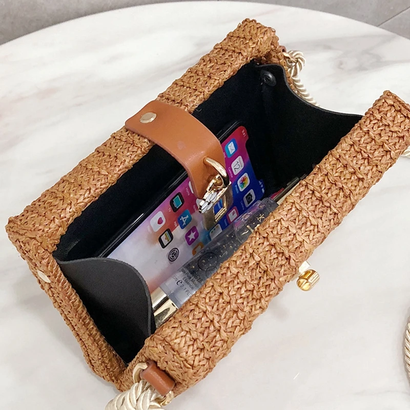 2018 الصيف الشاطئ حقائب النساء حقيبة ساع مربع القش اليد المنسوجة السيدات Crossbody حقيبة الكتف الروطان أكياس بولسا الأنثوية