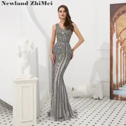 Серый бисер в полоску торжественное платье новый дизайн V образным вырезом длинное элегантные платья для выпускного 2019 vestidos de gala