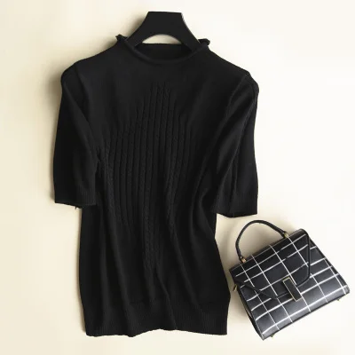 Летний свитер с круглым вырезом и короткими рукавами тонкая свободная однотонная приталенная рубашка модная элегантная - Цвет: Черный