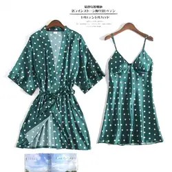 Сексуальный горошек Для женщин одеяние и платье летние комплекты 2 предмета кимоно Халат + Мини Ночная рубашка атласное шелковое ночное