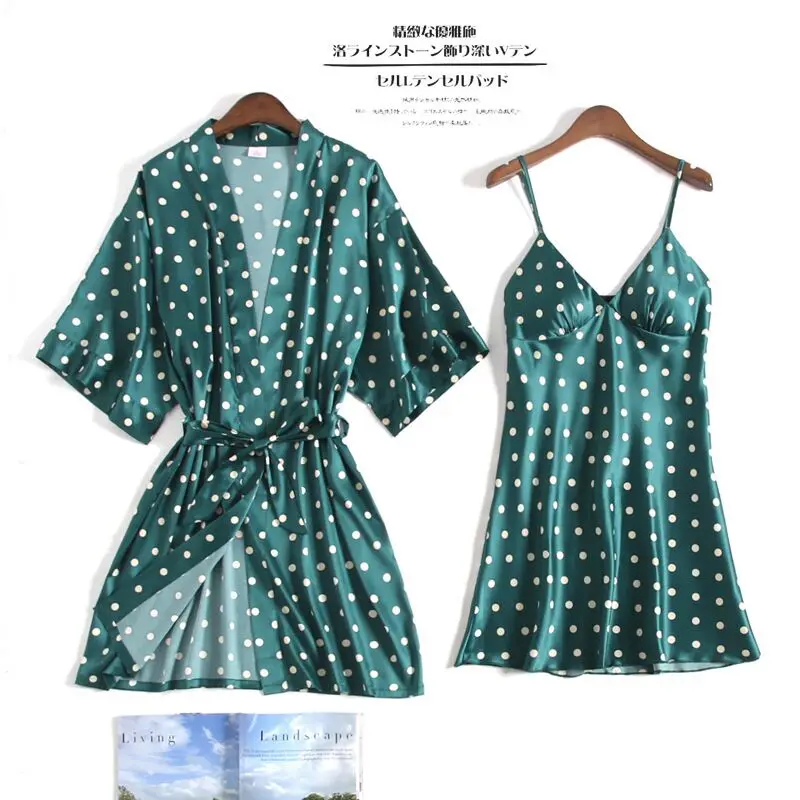 

Sexy Polka Dot Women's Robe & Gown Sets Summer 2 Pcs Kimono Bathrobe + Mini Nightdress Satin Silk Sleepwear Women Night Gowns