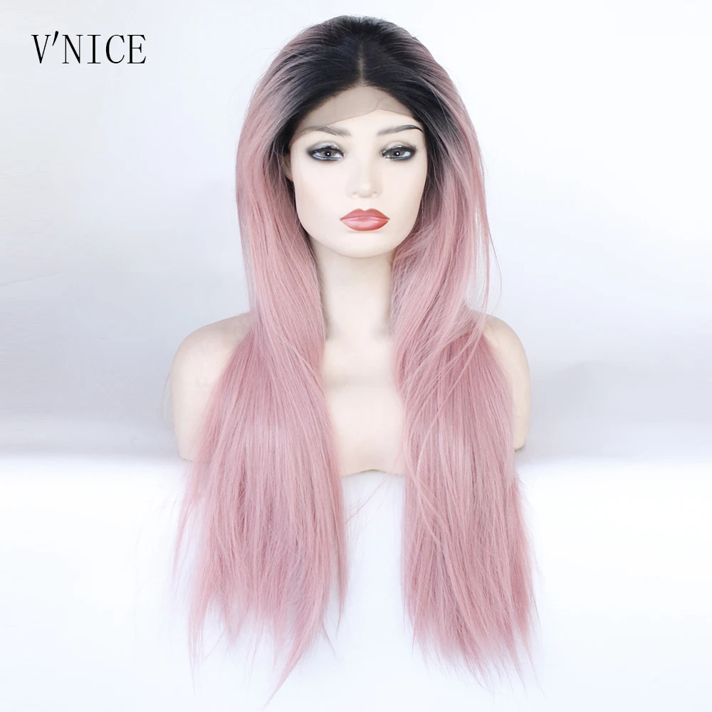 

Long Straight Dark Roots Ombre Peach Pink Wig Middle Part Heat Resistant Fiber Synthetic Lace Front Cosplay Wigs for Women