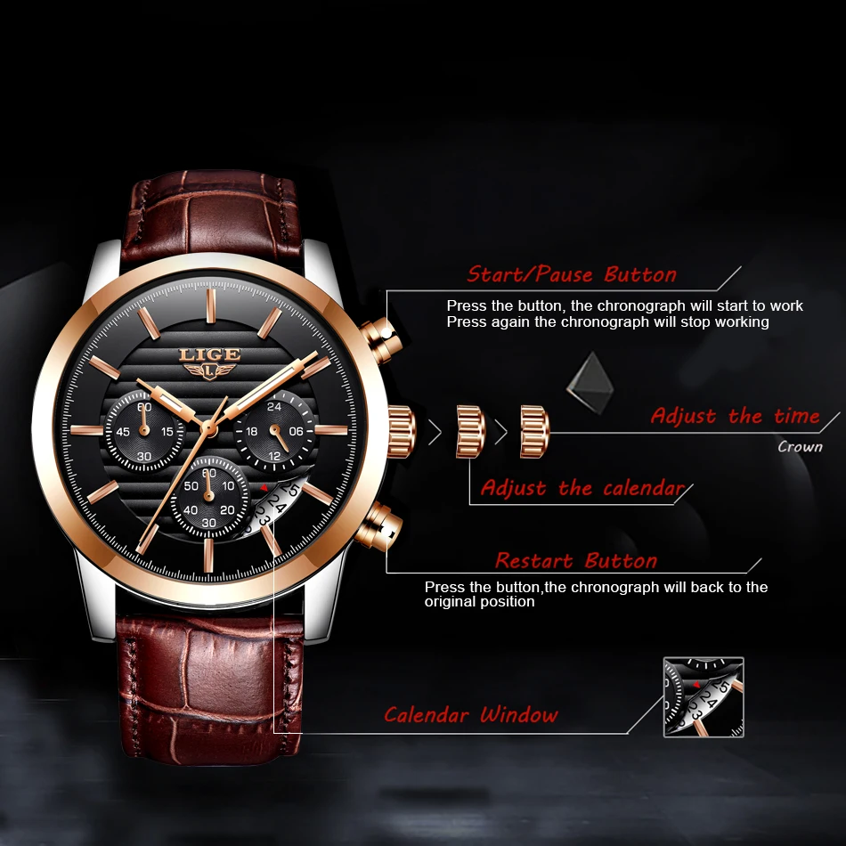 LIGE мужские часы Топ Бренд роскошные кожаные кварцевые часы мужские военные спортивные водонепроницаемые золотые часы Relogio Masculino